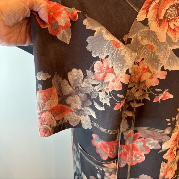 Solitaire Anthropologie Gray Floral Faux Suede Open Front Duster Jacket XL - Picture 7 of 15